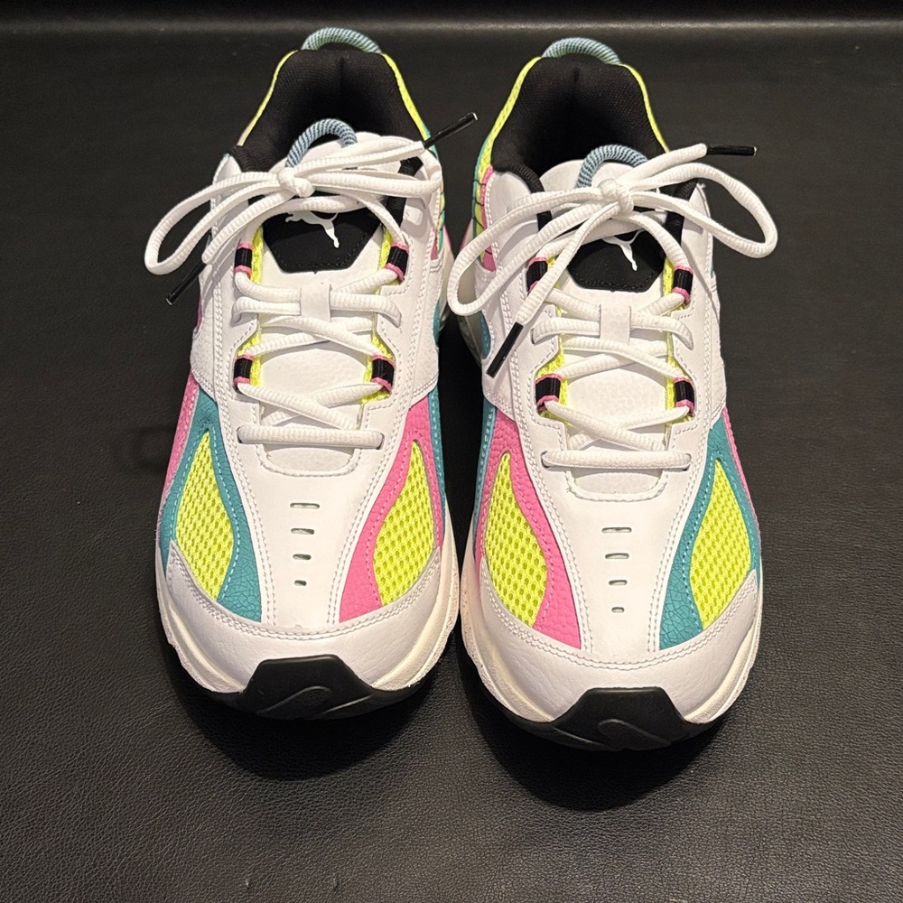 Cell Speed Puma Shoes in White, Pink, Yellow, and Blue